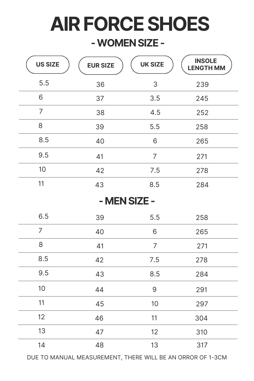 Air Force Shoes Size Chart - Dragon Ball Z Mall