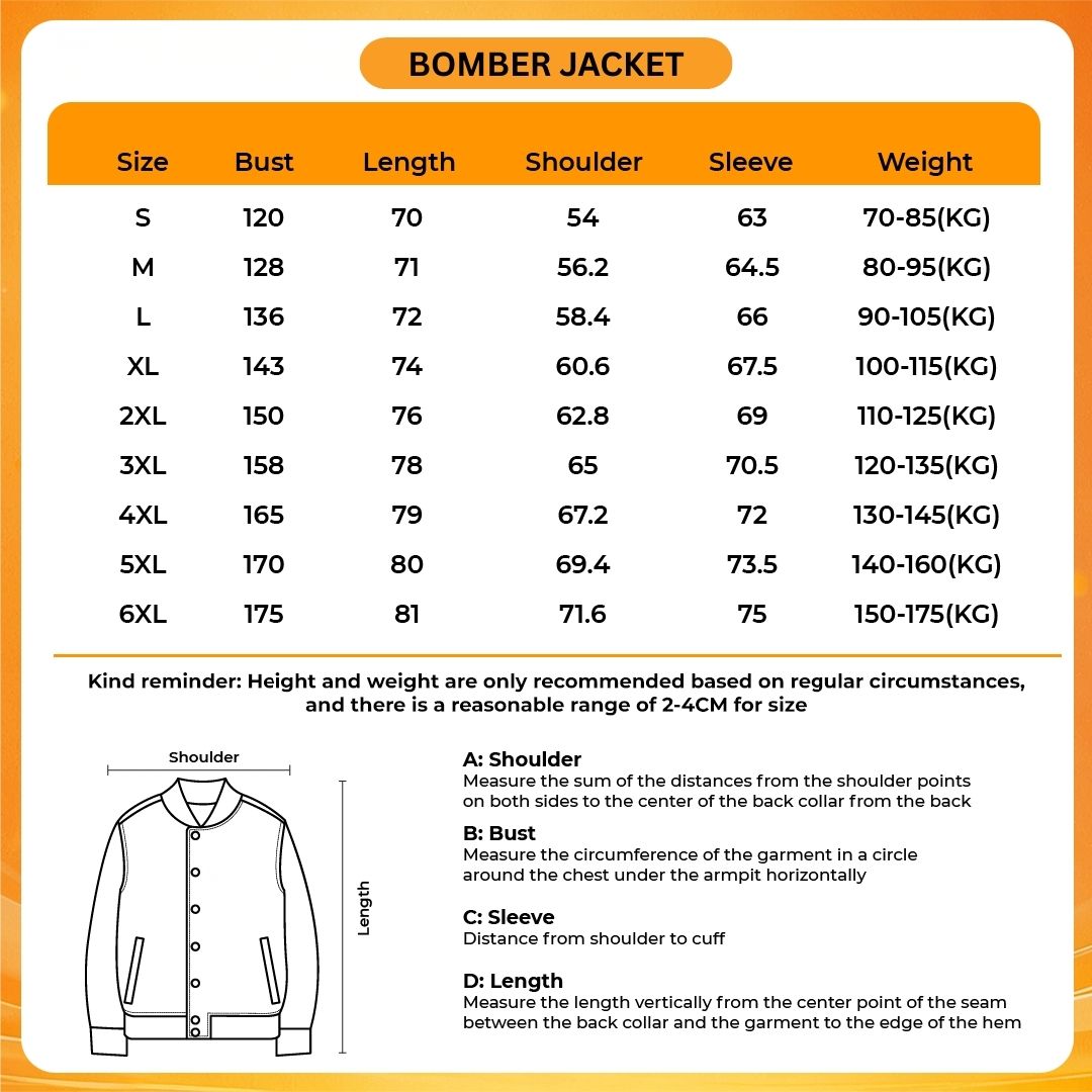 Bomber Jacket Size Chart - Dragon Ball Z Mall