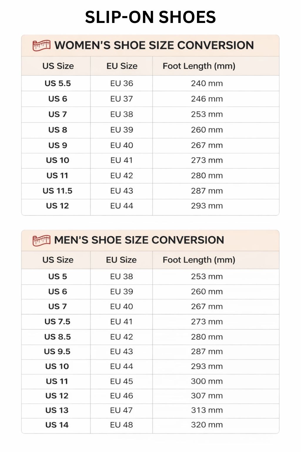 Slip On Shoes Size Chart - Dragon Ball Z Mall